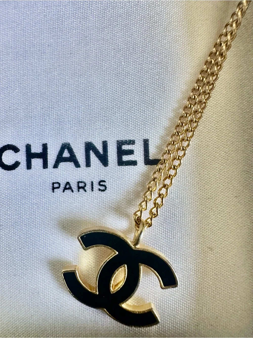 Vintage CHANEL 02A Black Enamel Gold CC Logo Pendant Necklace
